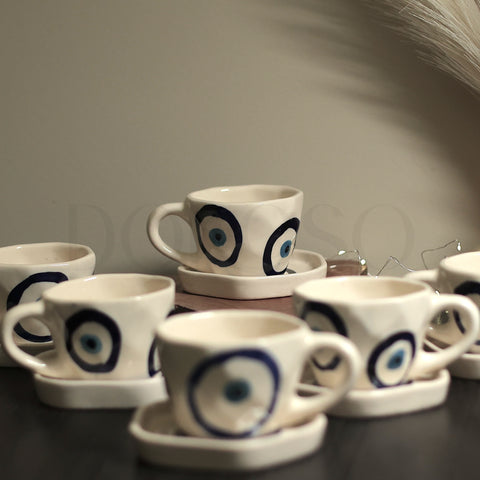 EVIL EYE PRINT HANDMADE CUPS AND SAUCER - SET OF 6