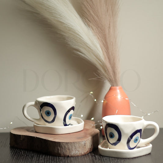 EVIL EYE PRINT HANDMADE CUPS AND SAUCER - SET OF 6