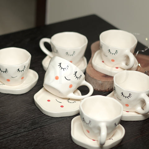 FACE PRINT HANDMADE CUPS AND SAUCER - SET OF 6