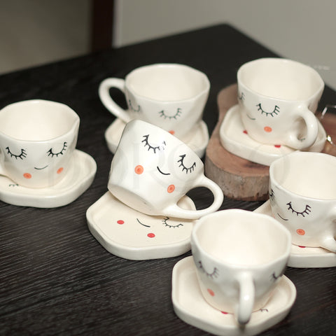 FACE PRINT HANDMADE CUPS AND SAUCER - SET OF 6