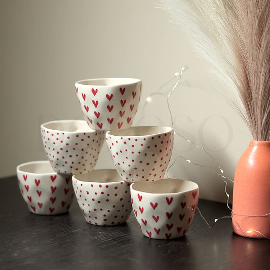 HEART & POLKA DOT PRINT HANDMADE CUPS - SET OF 6