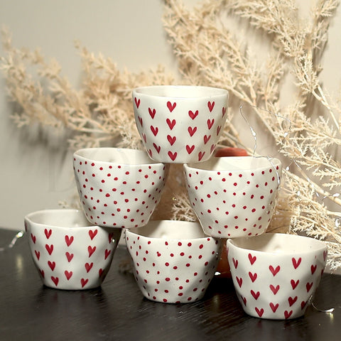 HEART & POLKA DOT PRINT HANDMADE CUPS - SET OF 6