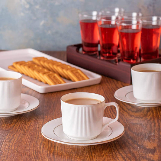 INDIAN CERAMIC GOLD LINE WHITE TEA CUP WITH SAUCER 200ML - SET OF 6