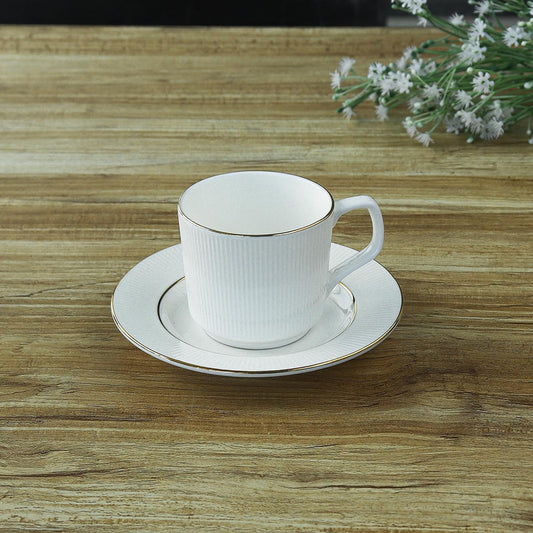INDIAN CERAMIC GOLD LINE WHITE TEA CUP WITH SAUCER 200ML - SET OF 6
