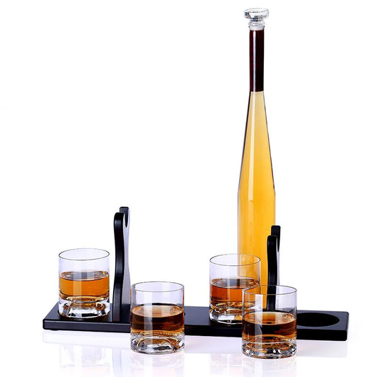 BASEBALL DECANTER + 4 GLASSES + WOODEN STAND