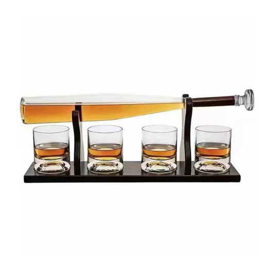 BASEBALL DECANTER + 4 GLASSES + WOODEN STAND