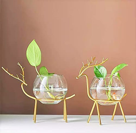 DEER SHAPED GLASS PLANTER WITH METAL HOLDER - PACK OF 2