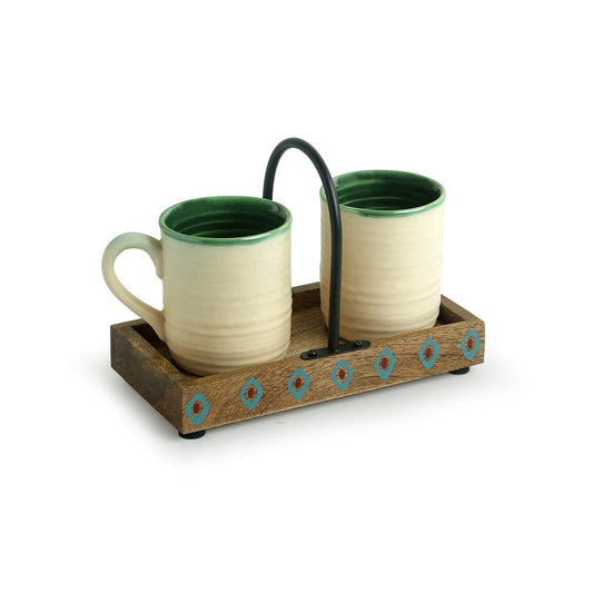 WHITE TEA CUPS SET WITH TRAY 190ML - PACK OF 2