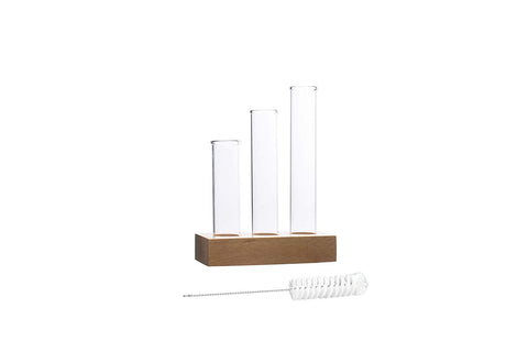 FLOWER VASE WITH 3 HAND BLOWN BOROSILICATE GLASS TEST TUBES IN A SMALL RECTANGLE WOODEN BLOCK STAND - PACK OF 1
