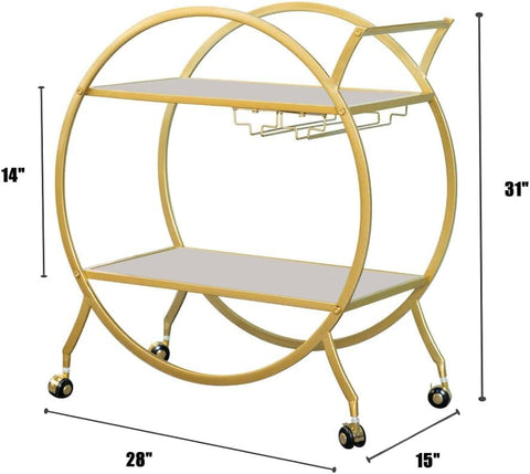 ROUND MODERN WINE CART ON WHEELS, MOBILE TROLLEY WITH 2 TIER SHELVES - PACK OF 1