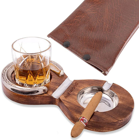 WOODEN CIGAR ASHTRAY WITH WHISKEY GLASS HOLDER - PACK OF 1