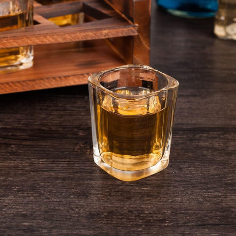 CRYSTAL SHOT GLASS 50ML WITH RUSTIC RUFOUS WOOD SERVING TRAY - PACK OF 12