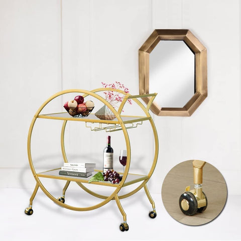 ROUND MODERN WINE CART ON WHEELS, MOBILE TROLLEY WITH 2 TIER SHELVES - PACK OF 1