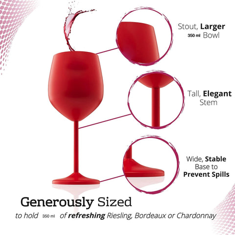 SHATTER PROOF RED COATED STEEL UNBREAKABLE WINE GLASS GOBLETS 350ML - PACK OF 2