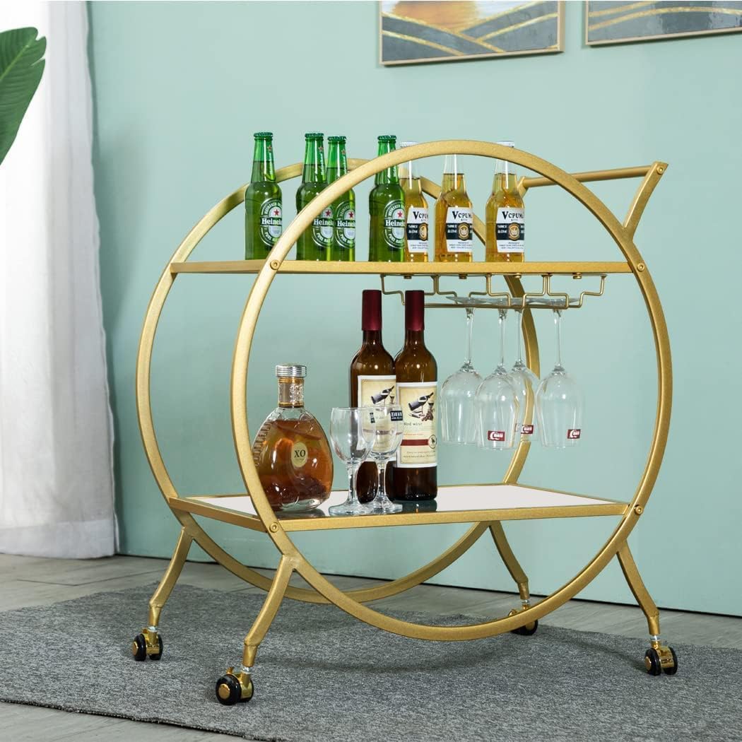 ROUND MODERN WINE CART ON WHEELS, MOBILE TROLLEY WITH 2 TIER SHELVES - PACK OF 1