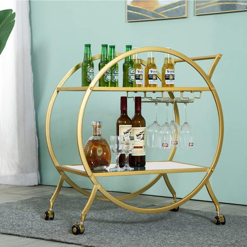 ROUND MODERN WINE CART ON WHEELS, MOBILE TROLLEY WITH 2 TIER SHELVES - PACK OF 1