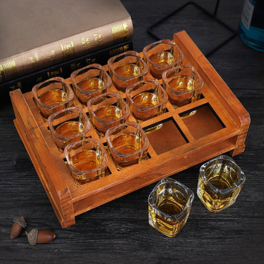 CRYSTAL SHOT GLASS 50ML WITH RUSTIC RUFOUS WOOD SERVING TRAY - PACK OF 12