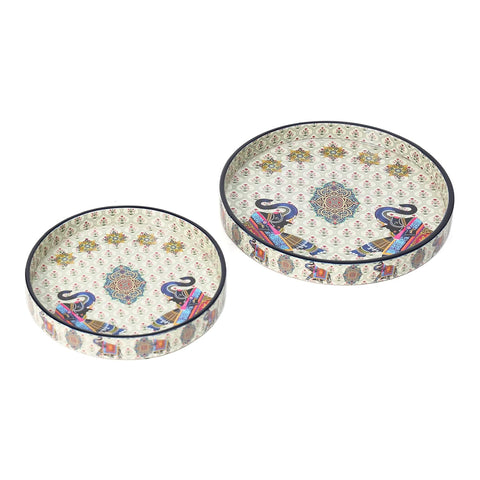 PRINTED ELEPHANT ENAMEL COATED ROUND WOODEN TRAY - PACK OF 2