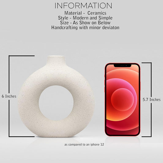 CIRCLE ROUND MODERN WHITE CERAMIC DONUT VASE - PACK OF 1
