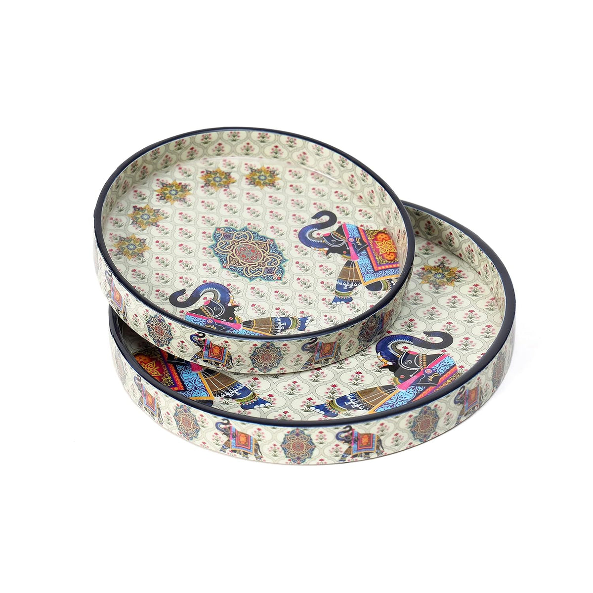 PRINTED ELEPHANT ENAMEL COATED ROUND WOODEN TRAY - PACK OF 2