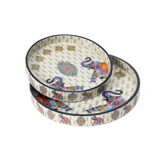 PRINTED ELEPHANT ENAMEL COATED ROUND WOODEN TRAY - PACK OF 2