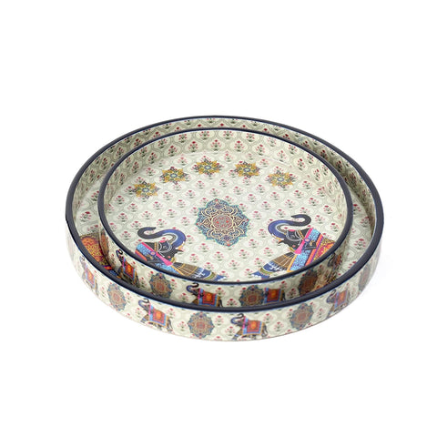 PRINTED ELEPHANT ENAMEL COATED ROUND WOODEN TRAY - PACK OF 2