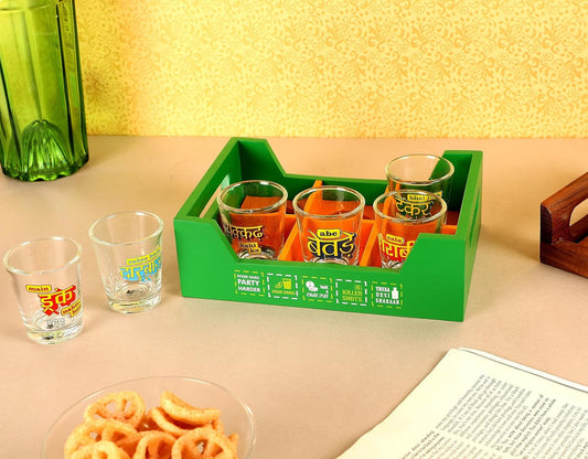 PRINTED SHOT GLASS CART TRAY SET WITH PREMIUM SHOT GLASSES 60ML - PACK OF 6