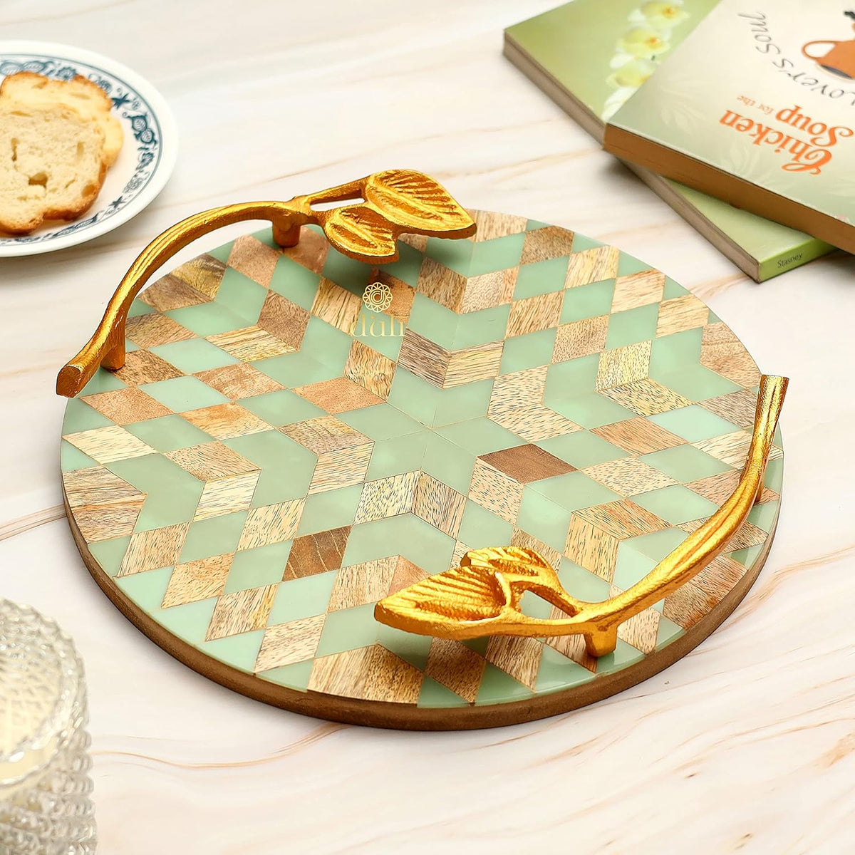 ROUND MULTIPURPOSE PLATTER/TRAY IN MDF WITH METAL GOLDEN HANDLES - PACK OF 1
