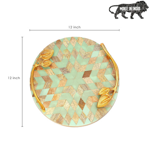 ROUND MULTIPURPOSE PLATTER/TRAY IN MDF WITH METAL GOLDEN HANDLES - PACK OF 1