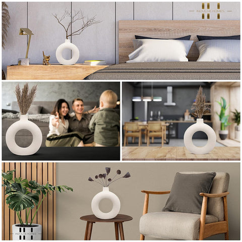 CIRCLE ROUND MODERN WHITE CERAMIC DONUT VASE - PACK OF 1