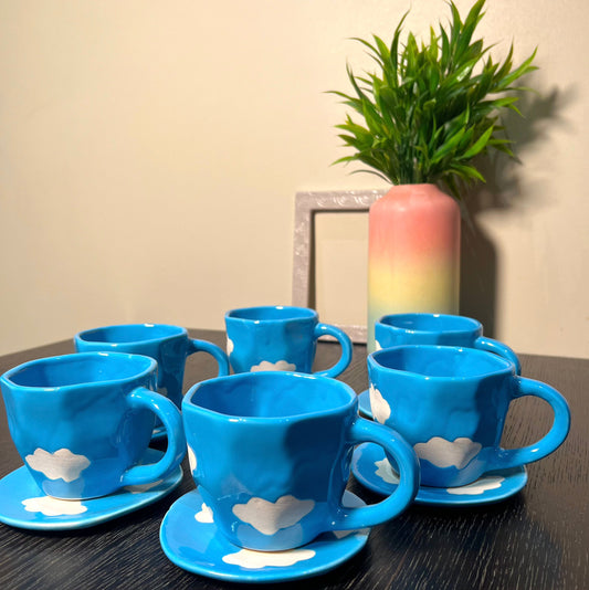 BLUE CLOUD HANDMADE CUP & SAUCER SET - SET OF 6