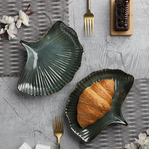 GREEN PETALS DESIGNER CERAMIC SNACKS PLATTER SET OF 2